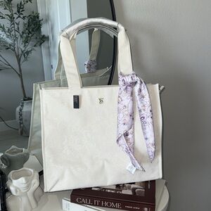 Elegant Cream Tote Bag with Floral Scarf